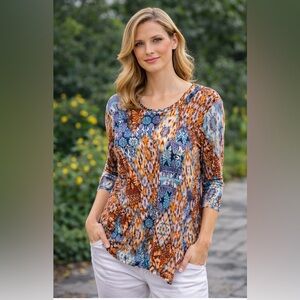 Ruby Rd. Blue and Brown Geometric Blouse